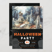 不気味で怖い墓地ブラックハロウィーン 招待状 (正面/裏面)