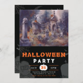 不気味で怖い墓地ブラックハロウィーン 招待状 (正面/裏面)