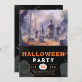 不気味で怖い墓地ブラックハロウィーン 招待状 (正面/裏面)