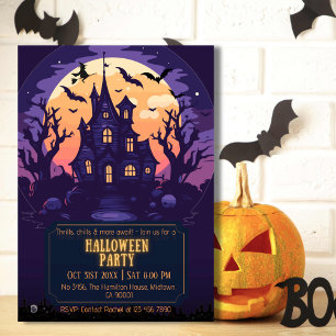 不気味で恐ろしい月夜の幽霊が出るハロウィンの夜 コウモリ 招待状