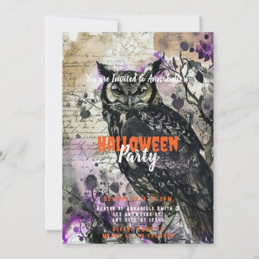 不気味で美しいフクロウの紫のハロウィンパーティー 招待状 (正面)