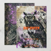 不気味で美しいフクロウの紫のハロウィンパーティー 招待状 (正面/裏面)