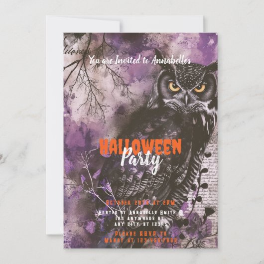 不気味で美しいフクロウの紫のハロウィンパーティー 招待状 (正面)