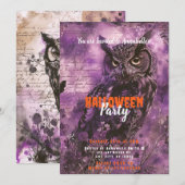 不気味で美しいフクロウの紫のハロウィンパーティー 招待状 (正面/裏面)