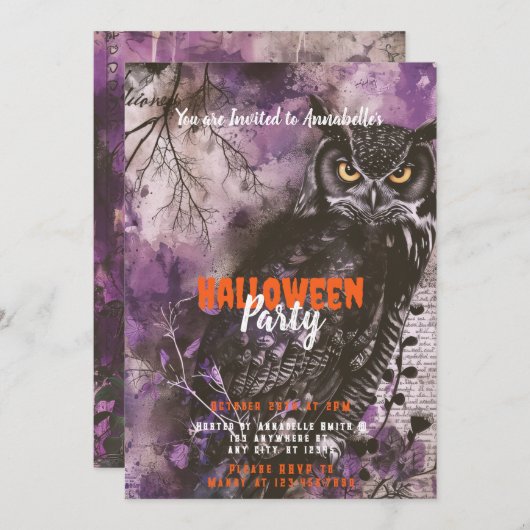 不気味で美しいフクロウパープルハロウィンパーティー 招待状 (正面/裏面)