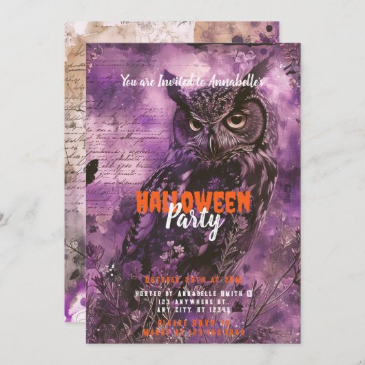 不気味で美しいフクロウパープルハロウィンパーティー 招待状 (正面/裏面)