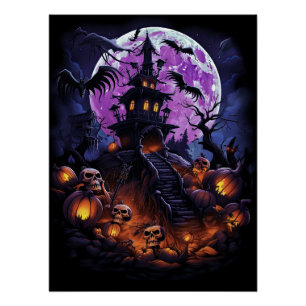 不気味なお化け屋敷の紫のハロウィンパーティー ポスター