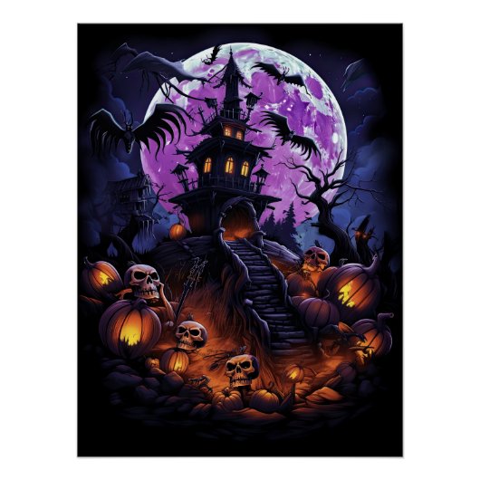 不気味なお化け屋敷の紫のハロウィンパーティー ポスター (正面)