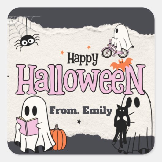 不気味なかわいいピンクのハローウィンパーティ招待状 スクエアシール (正面)