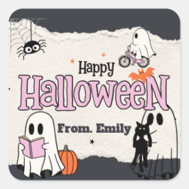 不気味なかわいいピンクのハローウィンパーティ招待状 スクエアシール