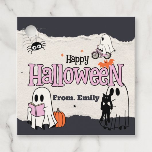 不気味なかわいいピンクのハローウィンパーティ招待状 フェイバータグ (正面)