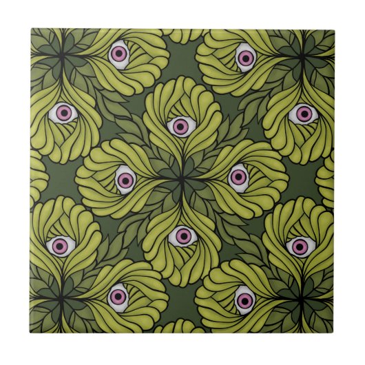 不気味なかわいい植物春グリーンファンタジーアートパターン タイル (正面)