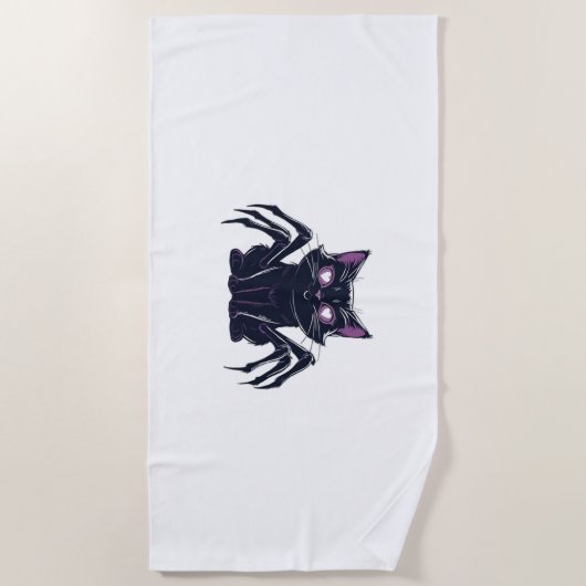 不気味なかわいい猫 – クモの脚とハートの目を隠す ビーチタオル (正面)