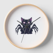 不気味なかわいい猫 – クモの脚とハートの目を隠す 壁時計 (正面)