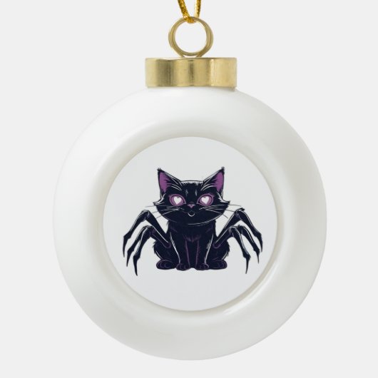 不気味なかわいい猫 – クモの脚とハートの目クラシック セラミックボールオーナメント (正面)