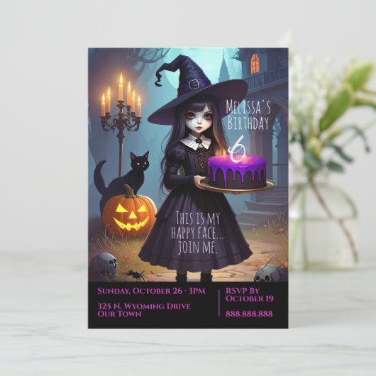 不気味なかわいい紫の魔女誕生日、ゴシックテーマ 招待状 (スタンド正面)