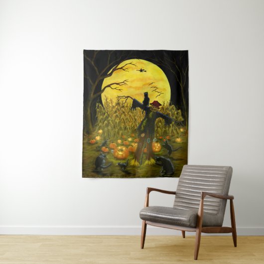 不気味なとうもろこし畑のハロウィンのかかし タペストリー (インサイチュ)