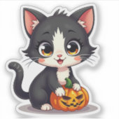 不気味なほどかわいい黒と白の子猫 - ハロウィンステッカー シール (正面)
