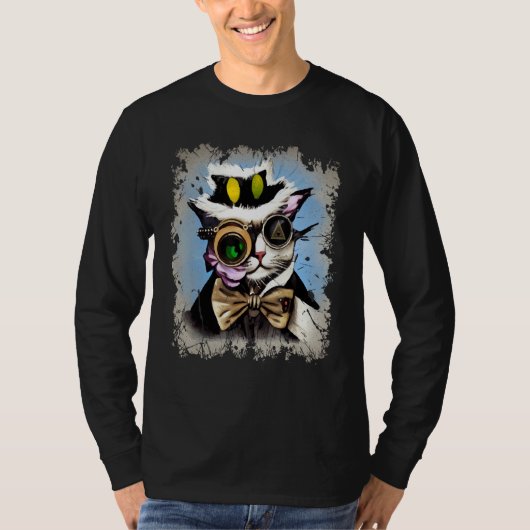不気味なイルミナティ 猫 サイボーグ 単眼鏡 スチーム猫 パン Tシャツ (正面)