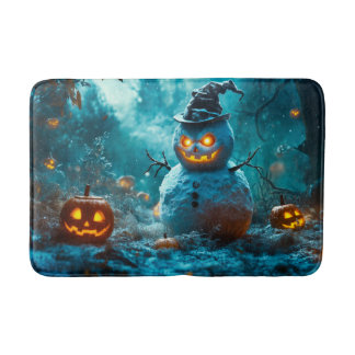 不気味なカボチャと雪だるまの森のハロウィーンシーン バスマット