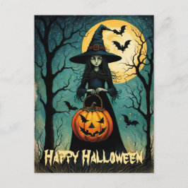 不気味なカボチャのランタンハロウィーンを持つ魔女 ポストカード