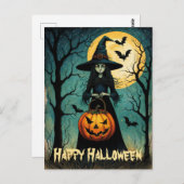 不気味なカボチャのランタンハロウィーンを持つ魔女 ポストカード (正面/裏面)