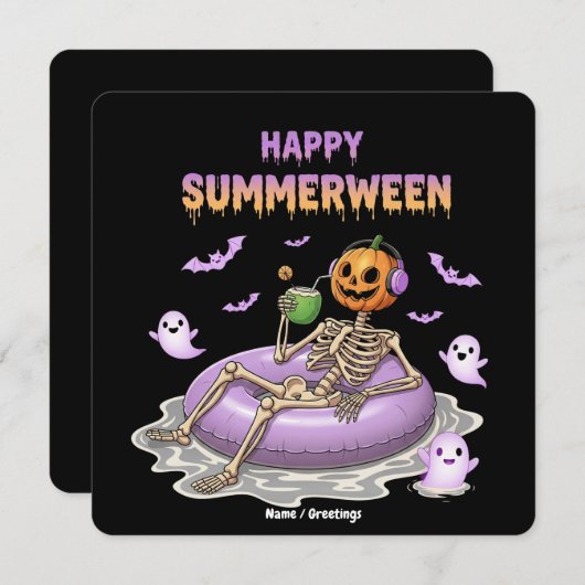 不気味なカボチャの顔のスケルトン楽しいハッピーサマーウィーン 招待状 (正面/裏面)