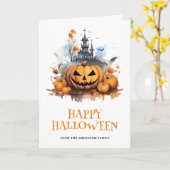 不気味なカボチャ幽霊のよく出るハウスこうもりフォトハロウィーン カード (黄色い花)