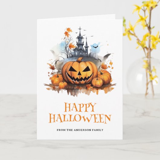 不気味なカボチャ幽霊のよく出るハウスこうもりフォトハロウィーン カード (黄色い花)