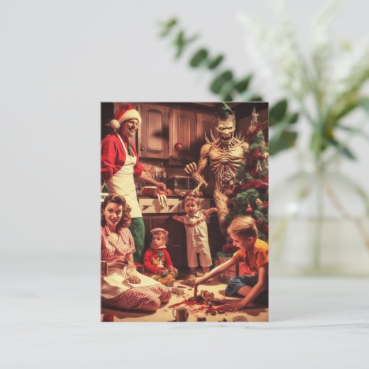 不気味なクリスマスホラーレトロファミリーポートレート ポストカード (スタンド正面)