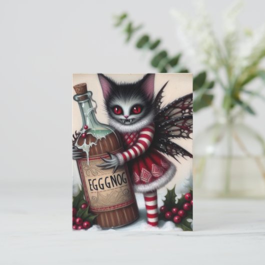 不気味なクリスマスヴァンパイアフェアリー子猫とEggnog ポストカード (スタンド正面)