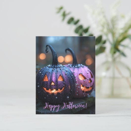 不気味なグリッターカボチャのハロウィングリーティングカード ポストカード (スタンド正面)