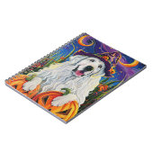 不気味なグレートピレニーズの犬 ハロウィーンの魔女 かぼちゃ ノートブック (左側)