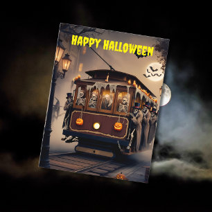 不気味なケーブルカーのスケルトン乗客ハロウィーン ポストカード