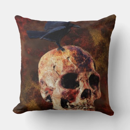 不気味なゴシックスカルとカラス – ハロウィーンホラー クッション (正面)