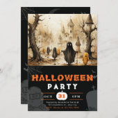 不気味なゴールドとブラックのゴースト スピリッツ ハロウィン 招待状 (正面/裏面)