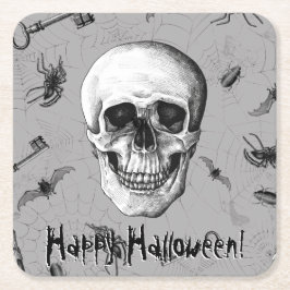 不気味なスカルとクモ スクエアペーパーコースター