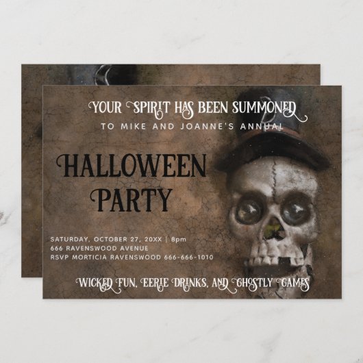 不気味なスカルイントップハットハローウィンパーティ 招待状 (正面/裏面)