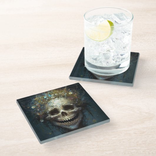 不気味なスカルゴシックダークファンタジーアートガラスコースター ガラスコースター (アングル)