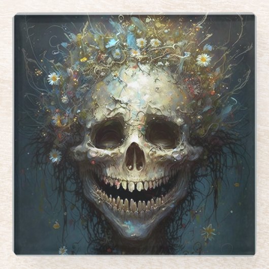 不気味なスカルゴシックダークファンタジーアートガラスコースター ガラスコースター (正面)