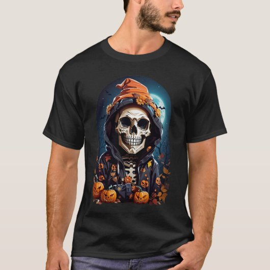 不気味なスケルと邪悪なカボチャ Tシャツ (正面)