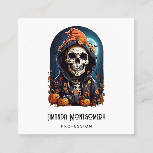 不気味なスケルトンと秋のカボチャのハロウィーン スクエア名刺 (正面)