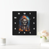 不気味なスケルトンと秋のカボチャのハロウィーン スクエア壁時計 (ホーム)