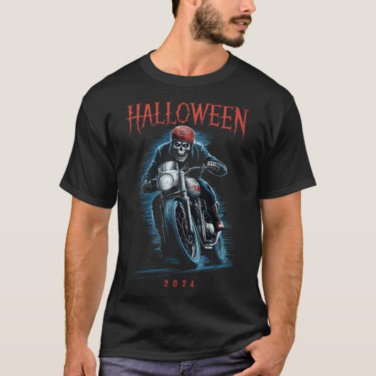 不気味なスケルトンバイクもしくは自転車に乗る人オンバイモーターサイクルハロウィーン2024 Tシャツ (正面)