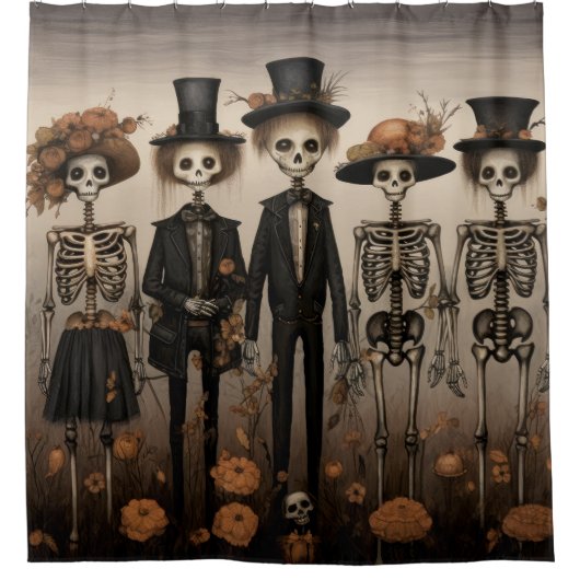 不気味なスケルトンファミリーハッピーハローウィン シャワーカーテン (正面)