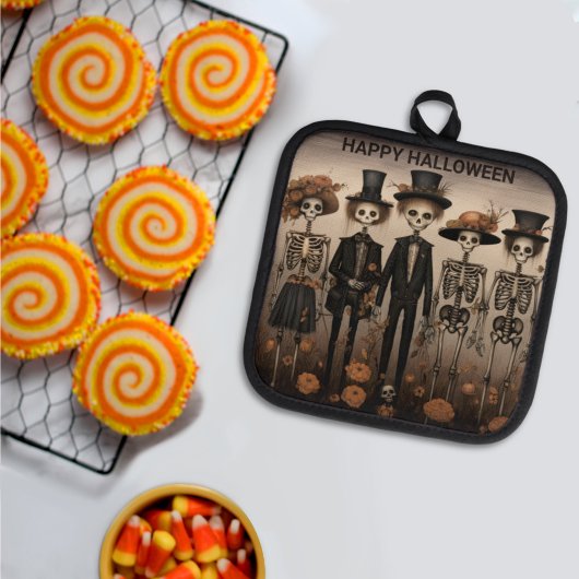 不気味なスケルトンファミリーハッピーハローウィン 鍋敷き