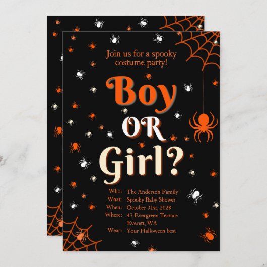 不気味なスパイダーハロウィーンジェンダーが赤ちゃんのシャワーを明らかにする 招待状 (正面/裏面)