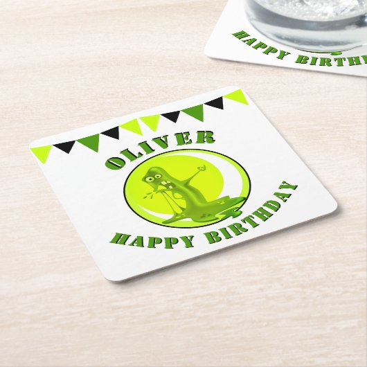 不気味なスライムモンスターキッズネームハッピーバースデー スクエアペーパーコースター (アングル)