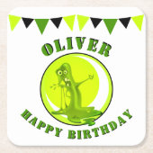 不気味なスライムモンスターキッズネームハッピーバースデー スクエアペーパーコースター (正面)