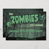 不気味なダークグリーンゾンビバースデーパーティー 招待状 (正面/裏面)